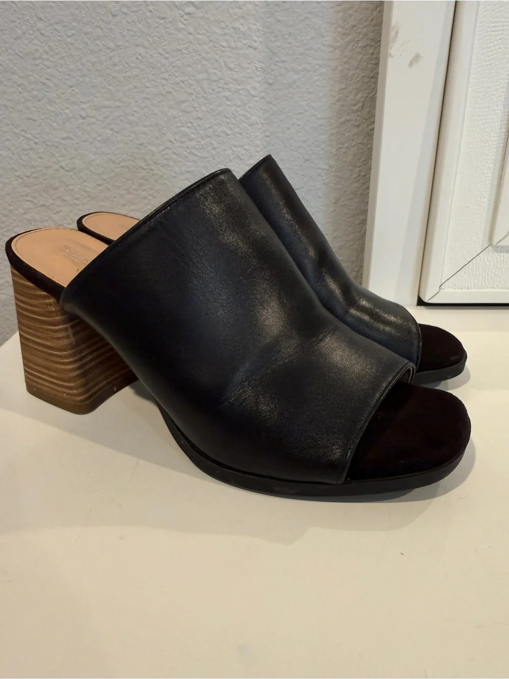 Rockport Black Leather Open-Toe Mule with Stacked Wood Block Heel